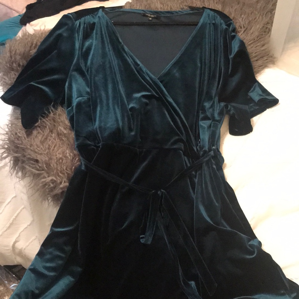 Green velvet wrap skater dress